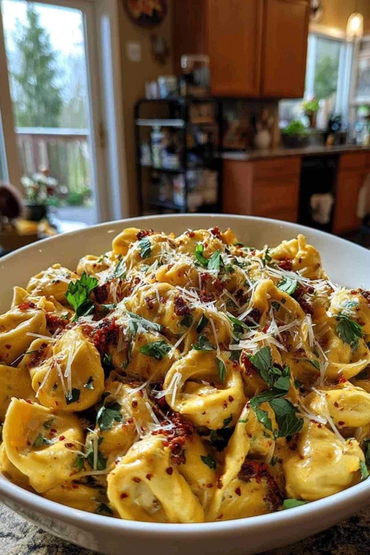 Bereiding van romige tortellini pan met gehakt