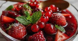 Eine weiße Schale gefüllt mit leuchtend roter Grütze, garniert mit einem grünen Minzblatt, serviert mit Vanillesauce.