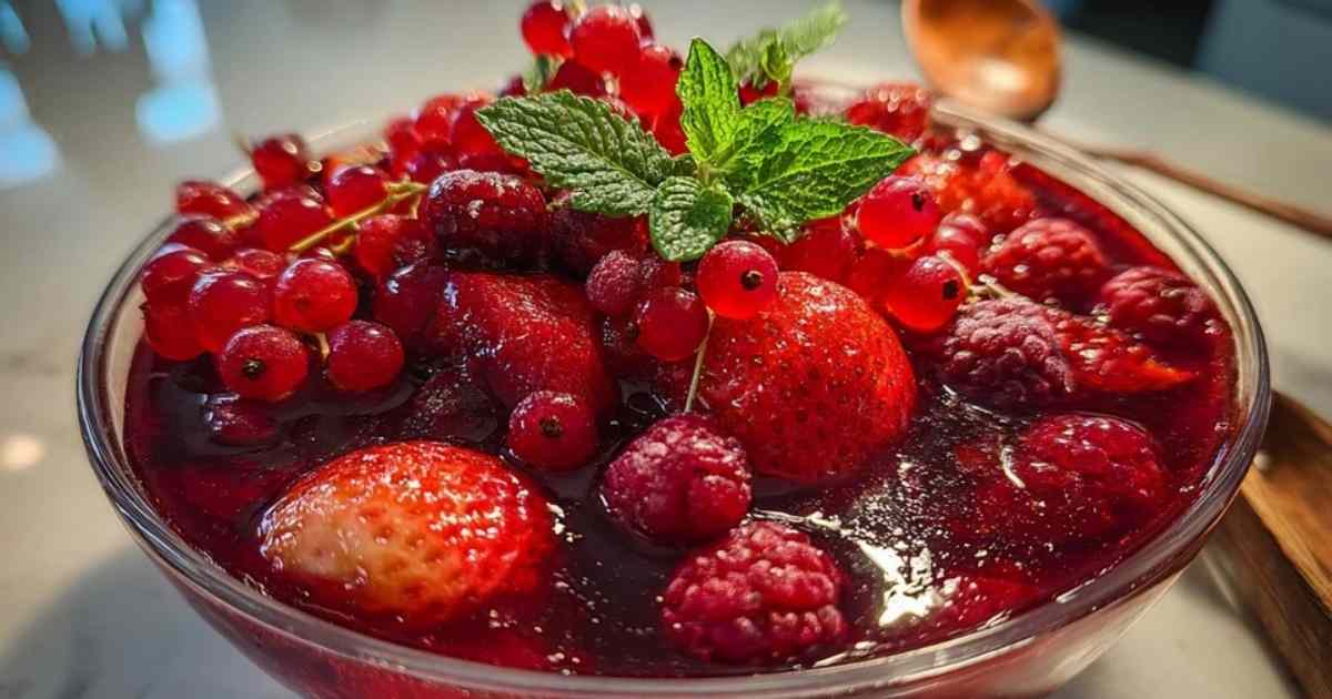 Ein Kochtopf auf dem Herd, in dem die gemischten Beeren sanft köcheln, um Rote Grütze herzustellen.