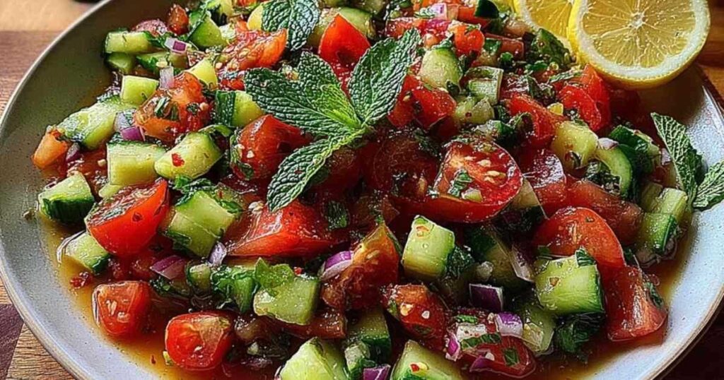 Olijfolie en citroendressing wordt vanuit een klein kannetje over de Shirazi salade gegoten.