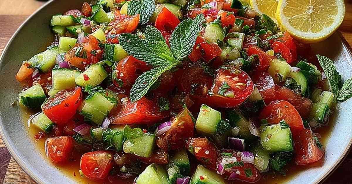 Olijfolie en citroendressing wordt vanuit een klein kannetje over de Shirazi salade gegoten.