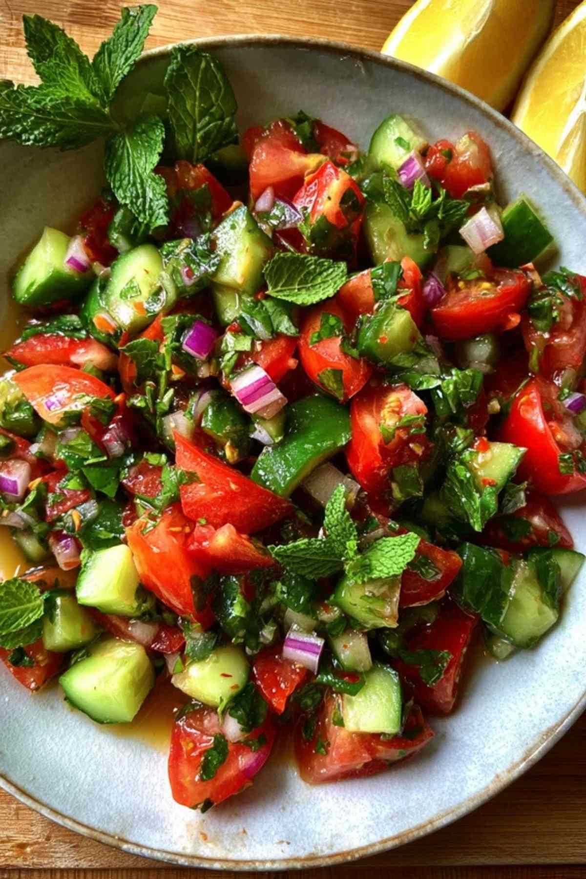 Een kleurrijke Shirazi salade in een witte keramische schaal, gegarneerd met een takje munt.