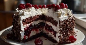 Eine vollständige, selbstgemachte Schwarzwälder Kirschtorte, dekoriert mit Sahnetupfern, Schokoladenraspeln und frischen, glänzenden Kirschen auf einer weißen Tortenplatte.