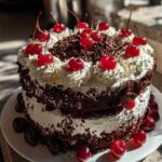 Ein perfekt geschnittenes Stück Schwarzwälder Kirschtorte auf einem weißen Teller, mit einer Gabel daneben. Die Schichten aus Biskuit, Sahne und Kirschfüllung sind deutlich sichtbar.