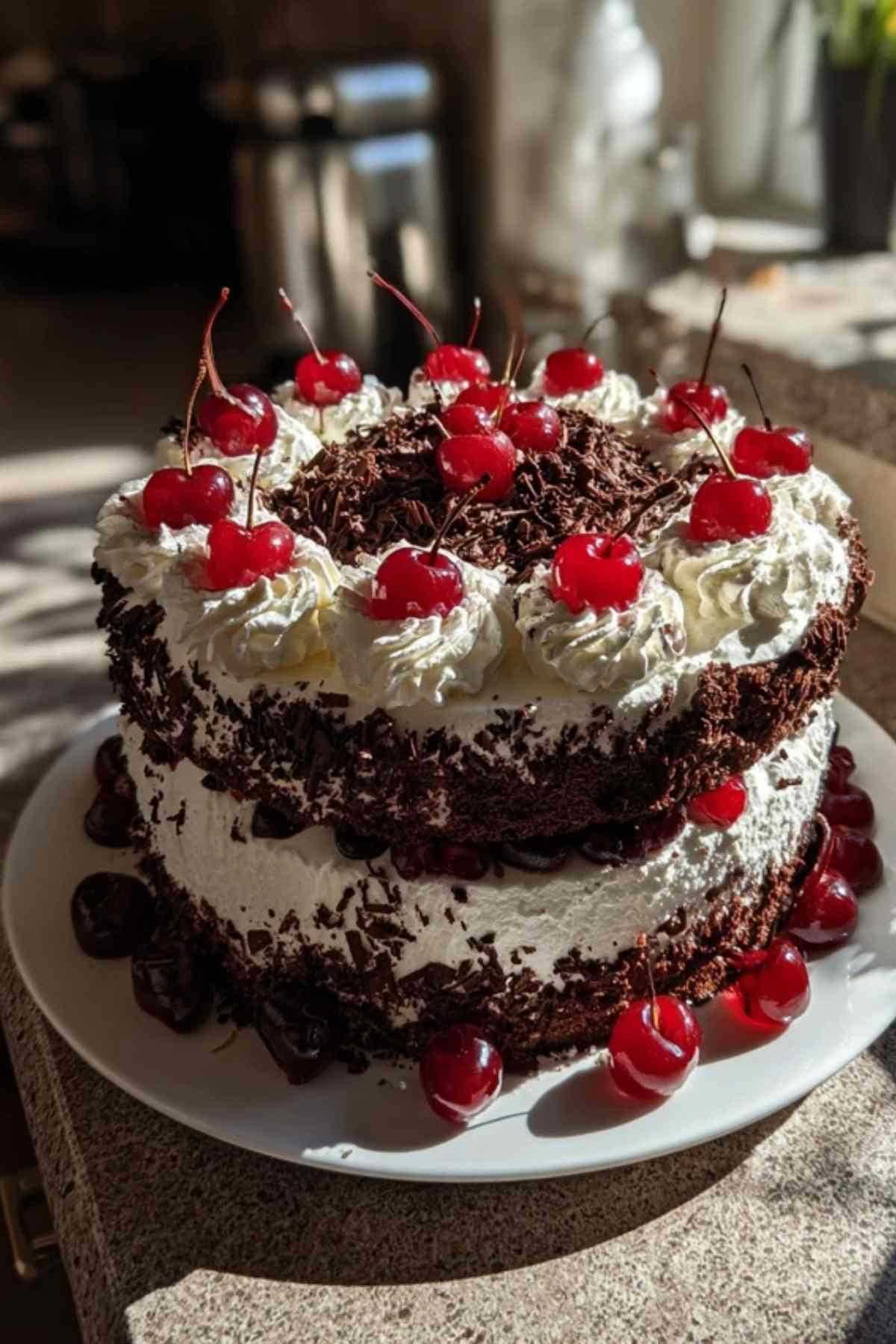 Ein perfekt geschnittenes Stück Schwarzwälder Kirschtorte auf einem weißen Teller, mit einer Gabel daneben. Die Schichten aus Biskuit, Sahne und Kirschfüllung sind deutlich sichtbar.