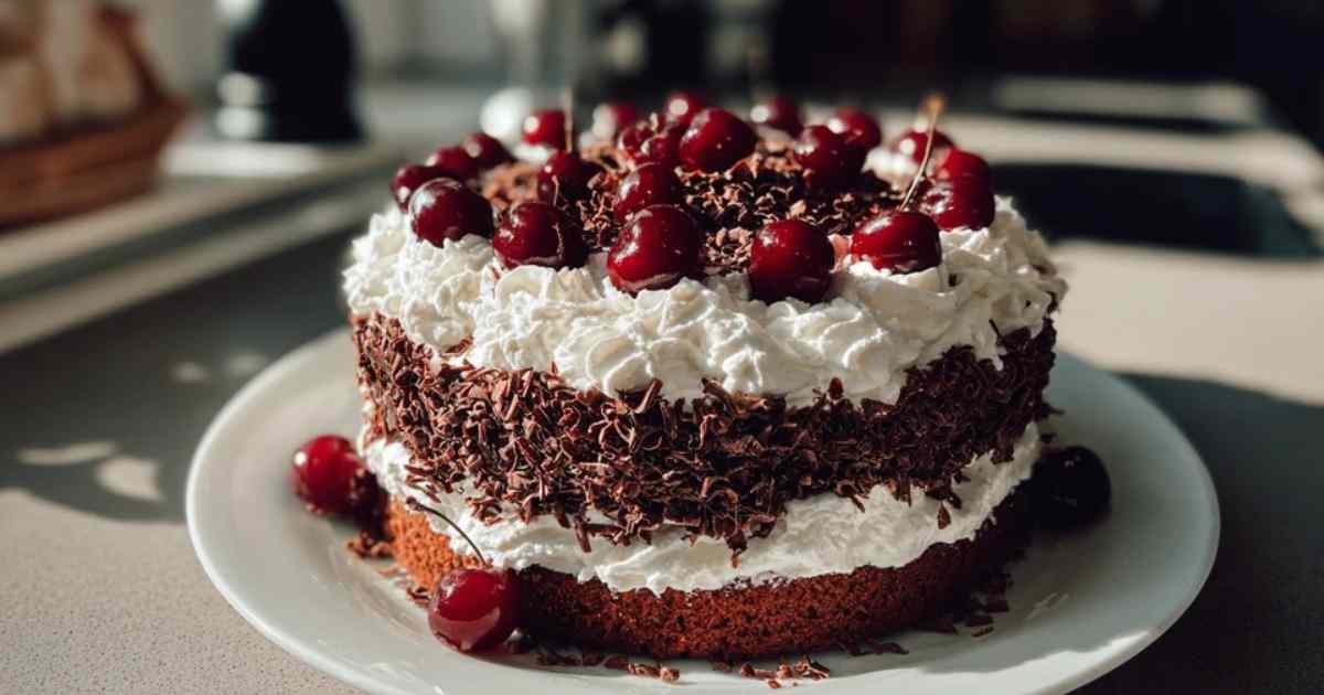 Hände, die vorsichtig dunkle Schokoladenraspeln über die Oberseite einer mit Sahne bestrichenen Schwarzwälder Kirschtorte streuen.