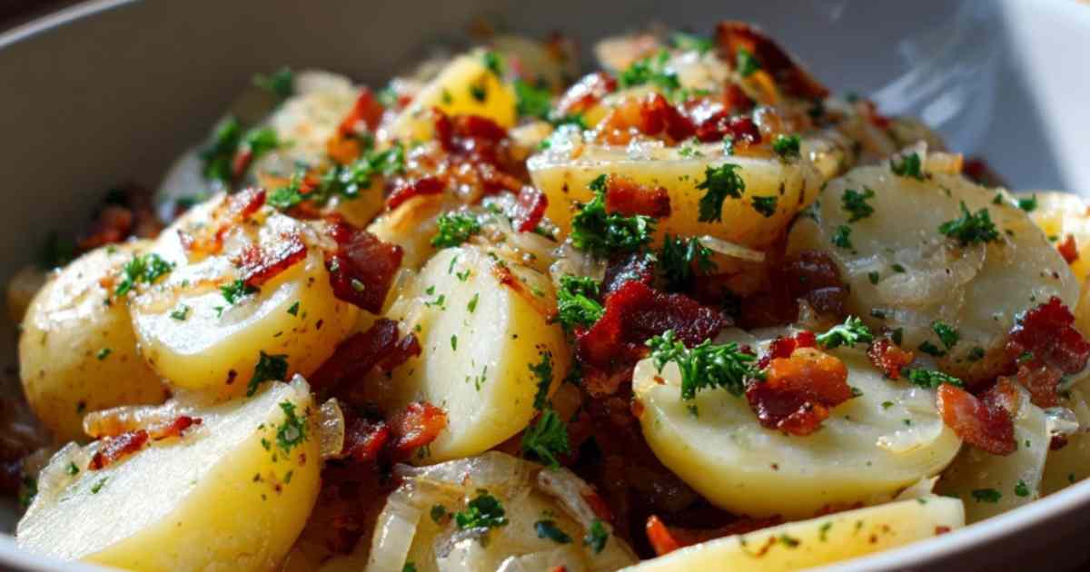Ingrediënten voor warme aardappelsalade: aardappelen, spek, ui, azijn en mosterd.