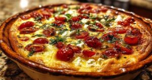 Hartige clafoutis met kerstomaten, feta en basilicum, goudbruin gebakken in een witte ovenschaal.