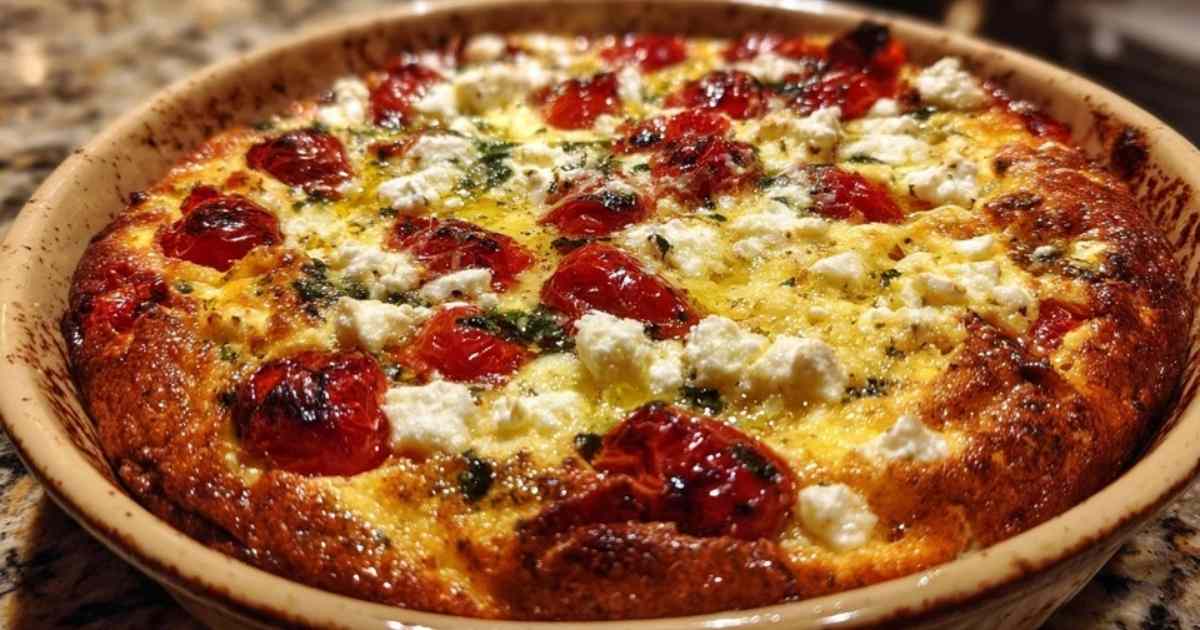 Ingrediënten voor het maken van een hartige clafoutis: kerstomaten, feta, eieren, melk en basilicum.