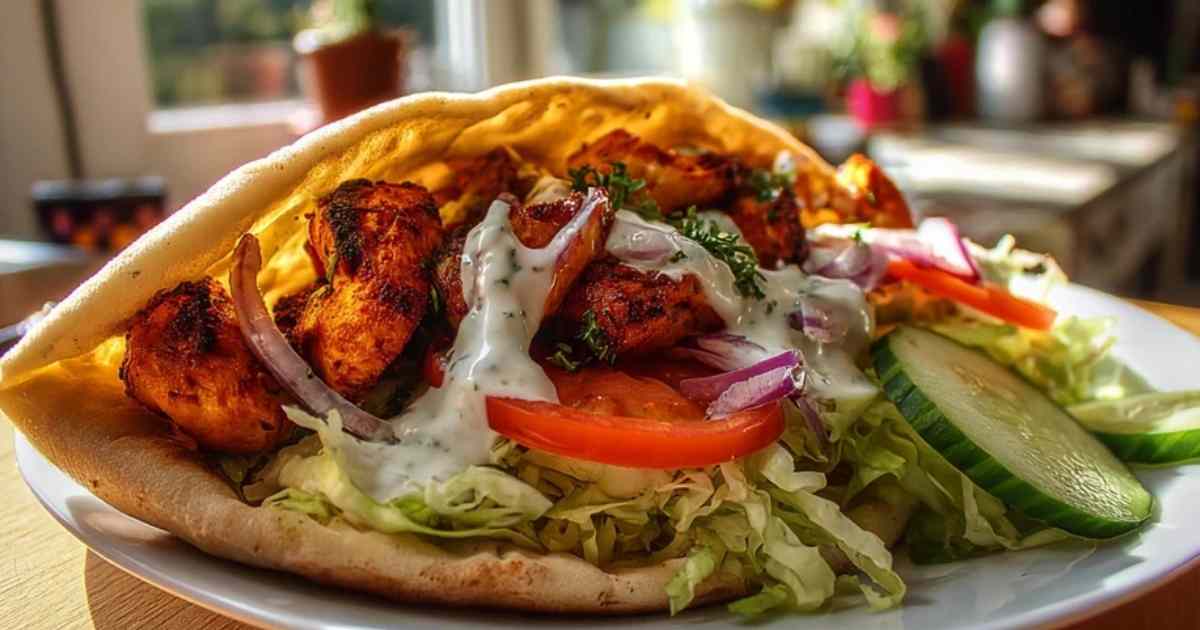 Close-up van een zelfgemaakte Berlijnse döner kebab, gevuld met kip, salade en saus.
