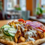 Goudbruin gebakken kipreepjes voor döner kebab sissen in een hete pan.
