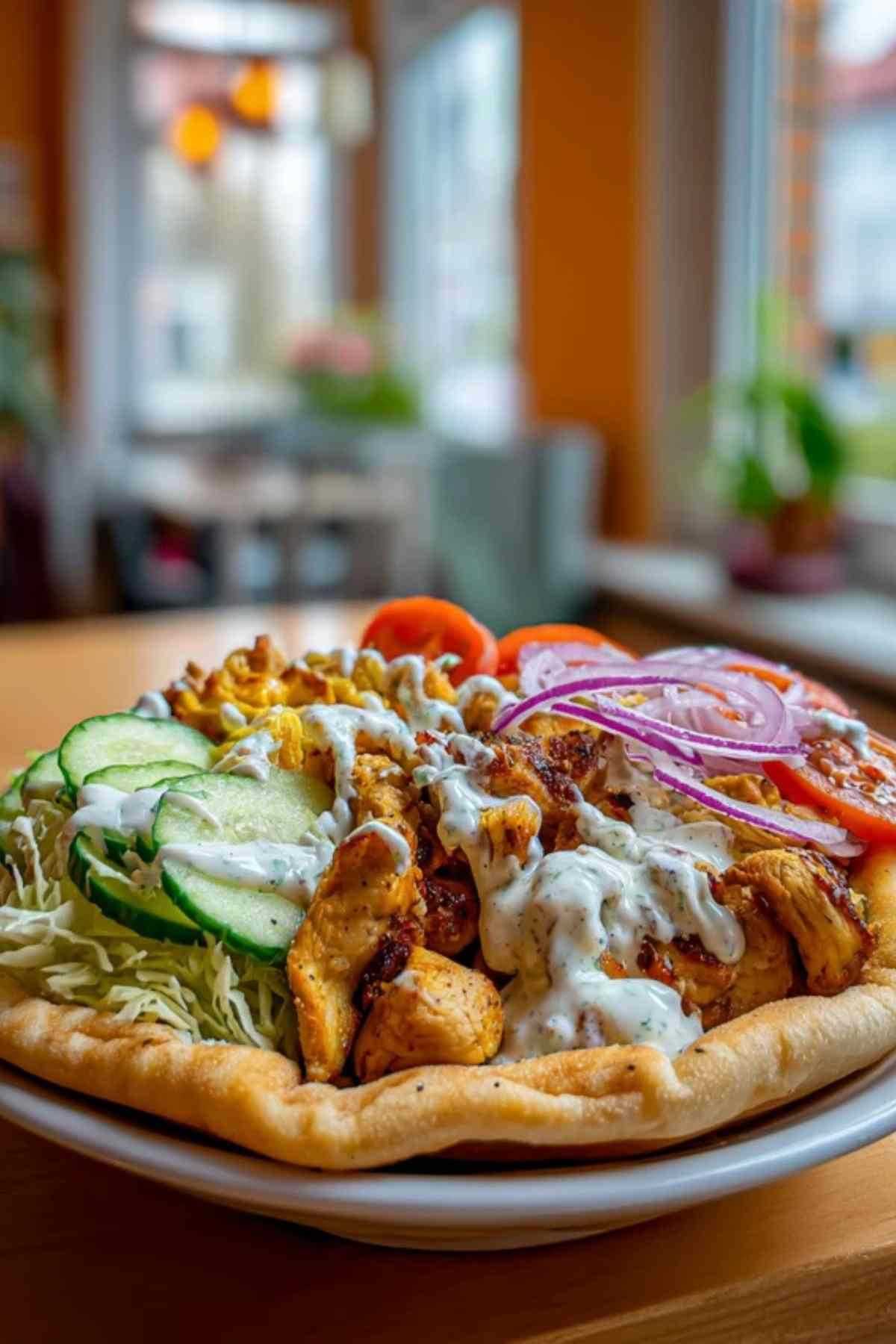 Goudbruin gebakken kipreepjes voor döner kebab sissen in een hete pan.