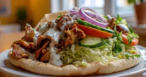 Alle ingrediënten voor de döner kebab, netjes gerangschikt in kommetjes op een houten plank.