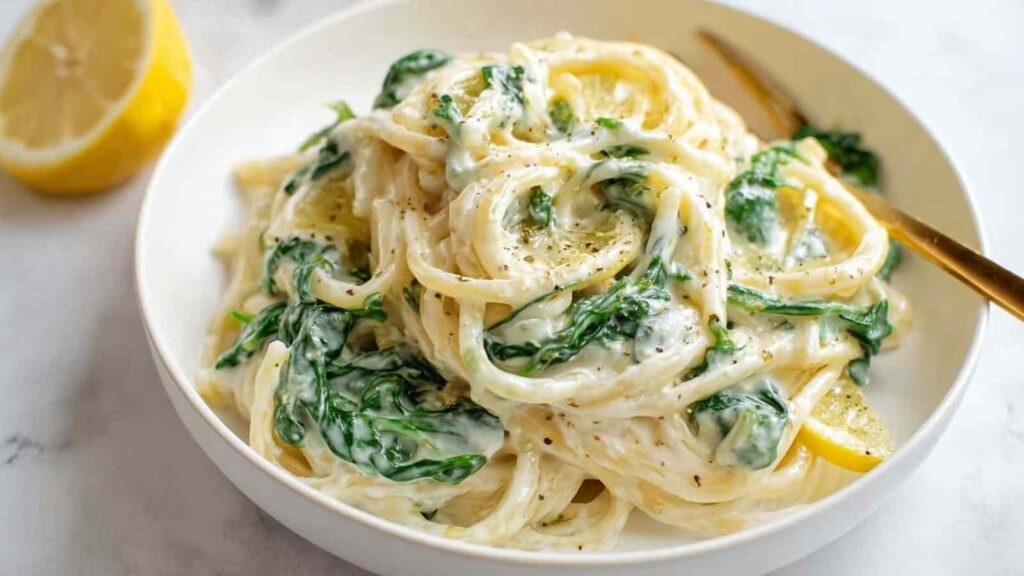 10-Minuten Zitronen Ricotta Pasta mit Spinat
