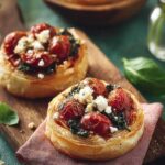 Mediterrane Blätterteigtartelettes mit Zucchini und Tomaten goldbraun gebacken auf Backblech