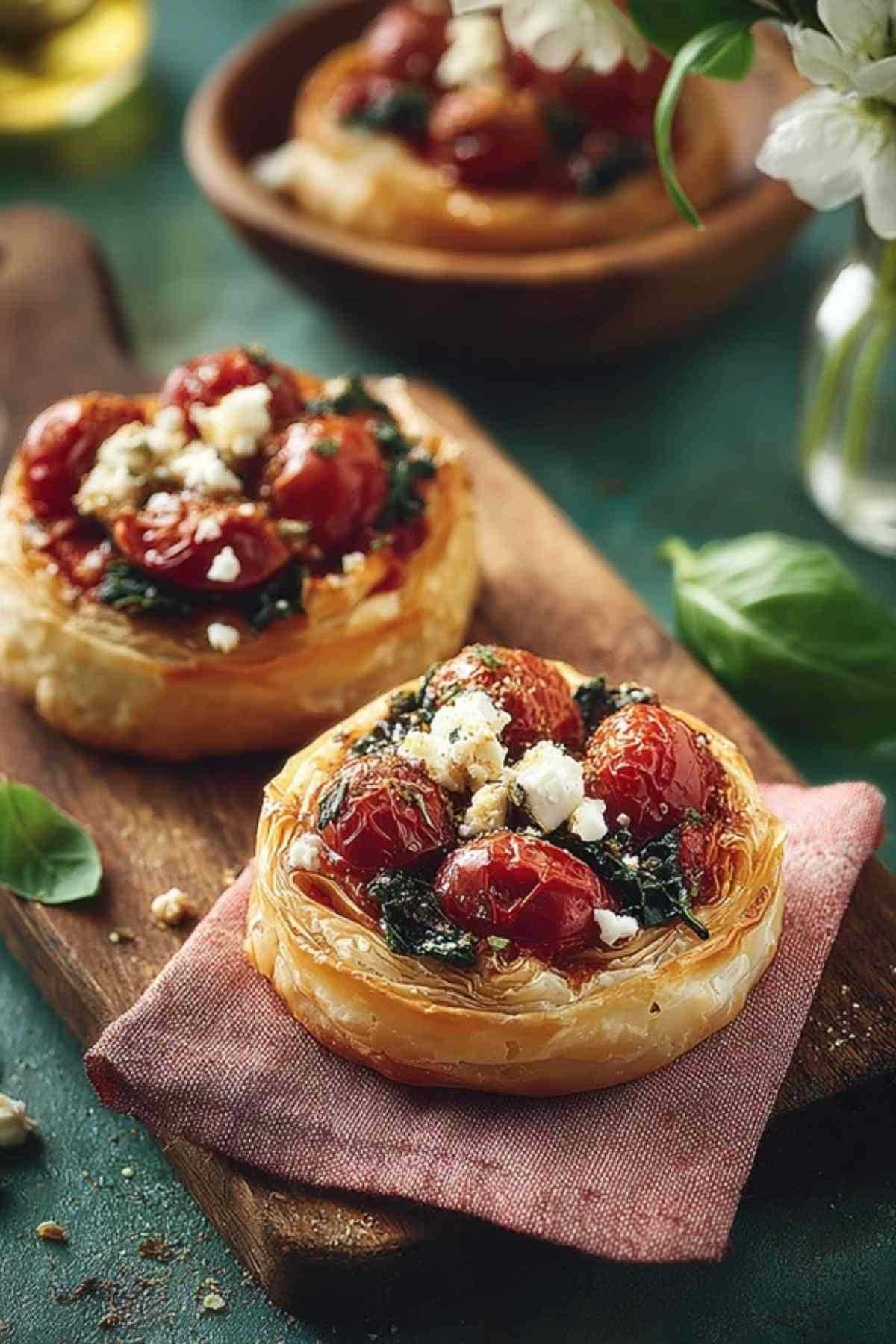 Mediterrane Blätterteigtartelettes mit Zucchini und Tomaten goldbraun gebacken auf Backblech
