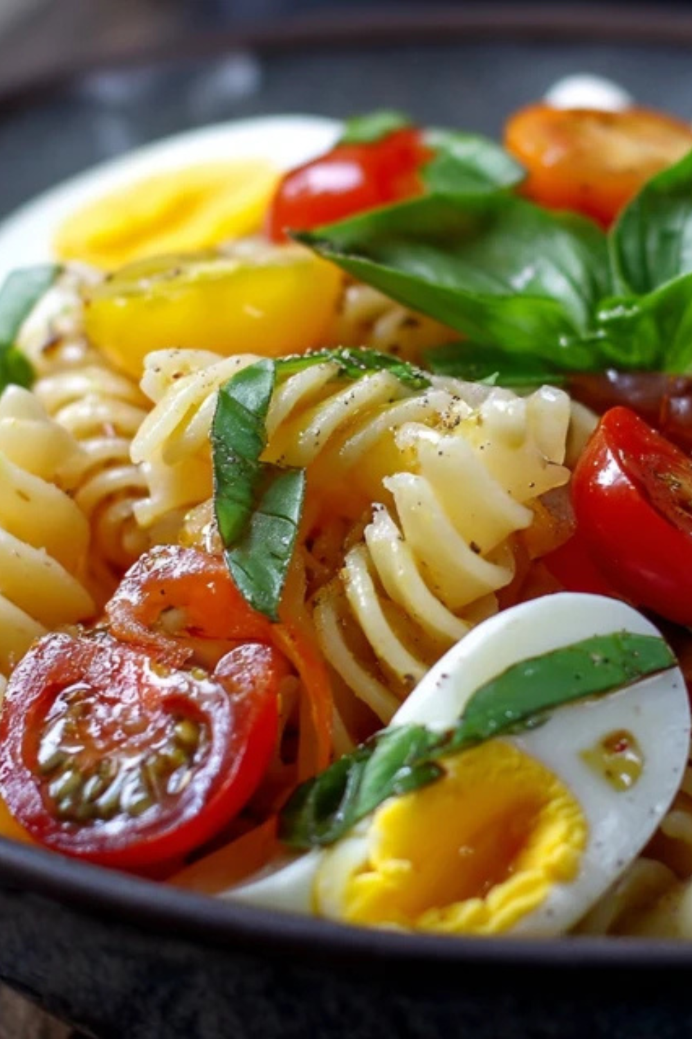 Caprese Pasta Salat mit Kirschtomaten, Mozzarella und Basilikum in weißer Schüssel