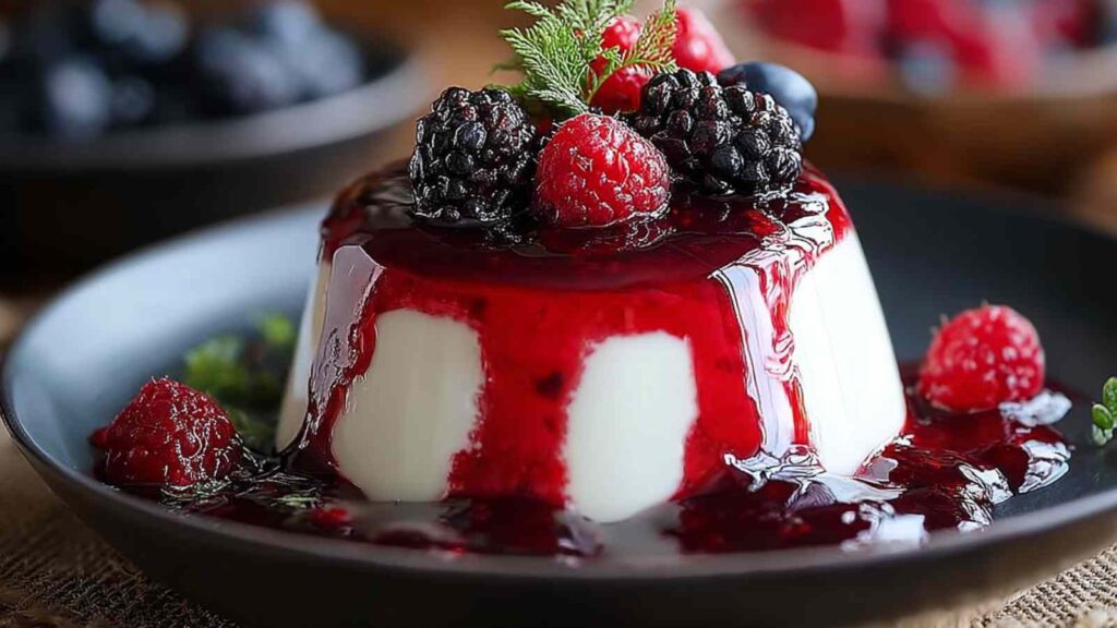 Joghurtbombe mit Beerensauce auf weißem Teller mit frischen Beeren garniert