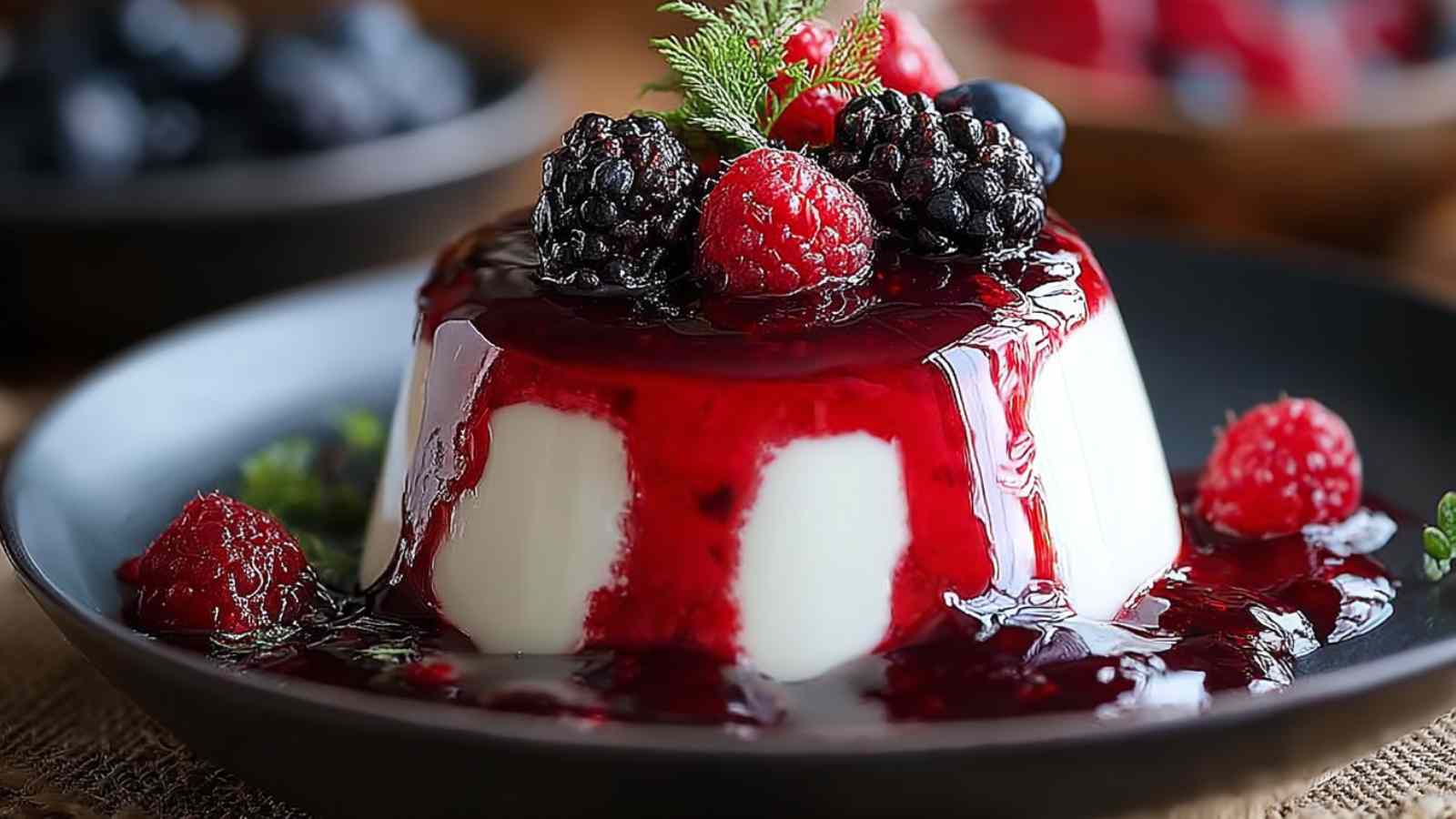 Joghurtbombe mit Beerensauce auf weißem Teller mit frischen Beeren garniert