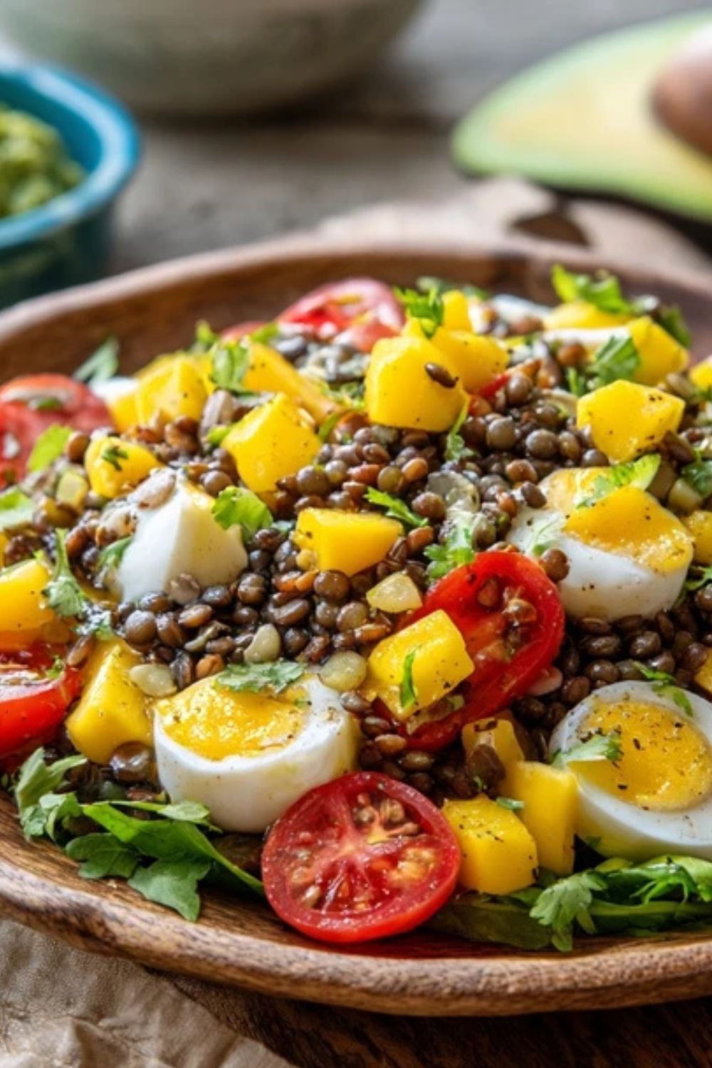 Linsensalat mit veganem Feta in weißer Schüssel mit buntem Gemüse und Kräutern