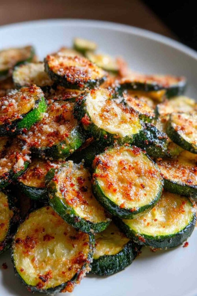 Goldbraune Air Fryer Zucchini Chips auf weißem Teller arrangiert mit Kräuterdip
