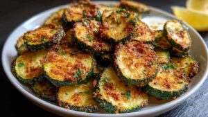 Goldbraune Air Fryer Zucchini Chips auf weißem Teller arrangiert mit Kräuterdip