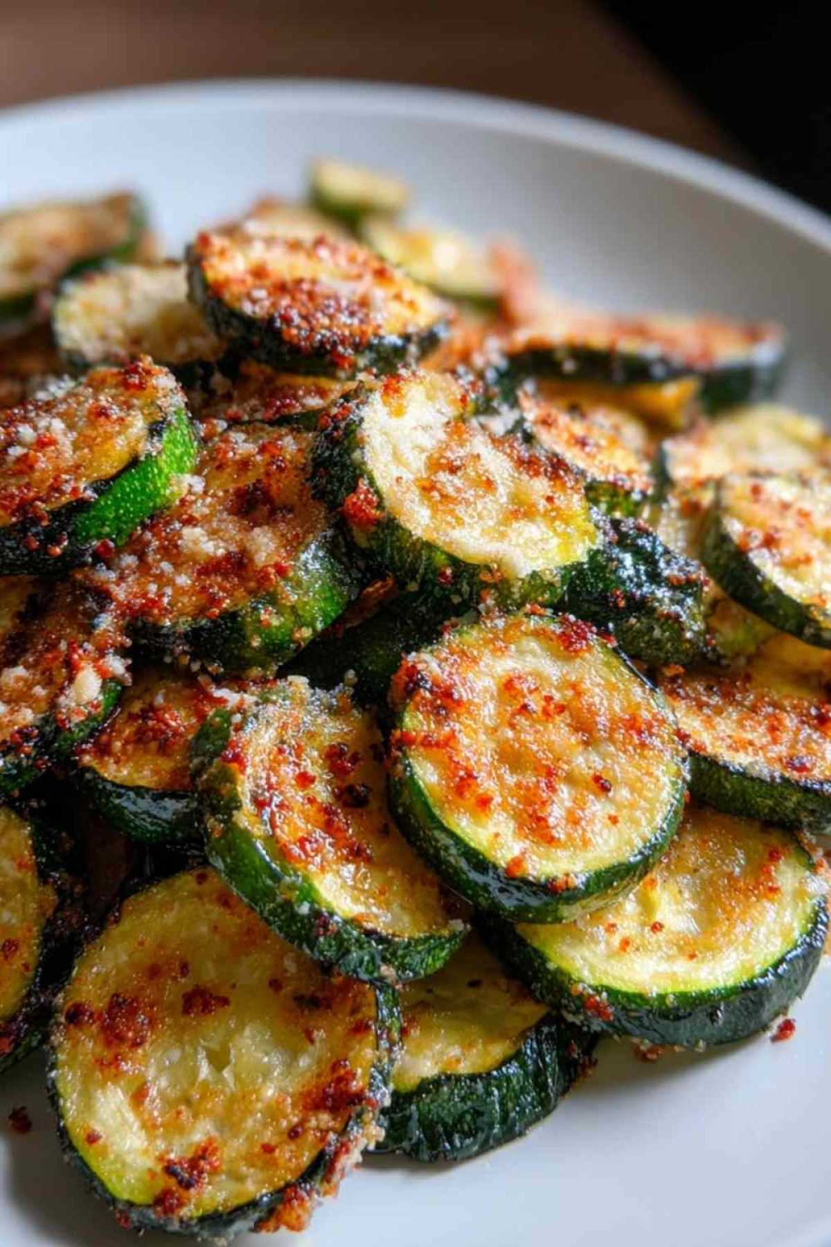 Goldbraune Air Fryer Zucchini Chips auf weißem Teller arrangiert mit Kräuterdip