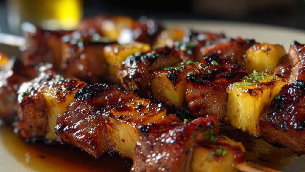 Ananas BBQ Schweinespieße perfekt gegrillt zeigend karamelisierte Ananas und zartes Schweinefleisch auf Spießen