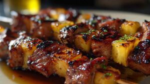 Ananas BBQ Schweinespieße perfekt gegrillt zeigend karamelisierte Ananas und zartes Schweinefleisch auf Spießen