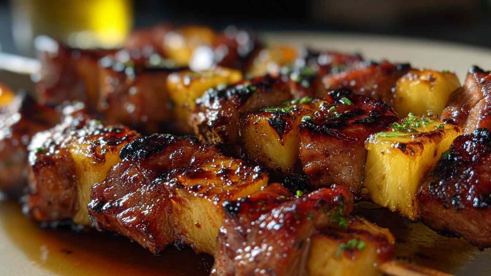 Ananas BBQ Schweinespieße perfekt gegrillt zeigend karamelisierte Ananas und zartes Schweinefleisch auf Spießen