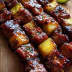 Ananas BBQ Schweinespieße perfekt gegrillt zeigend karamelisierte Ananas und zartes Schweinefleisch auf Spießen
