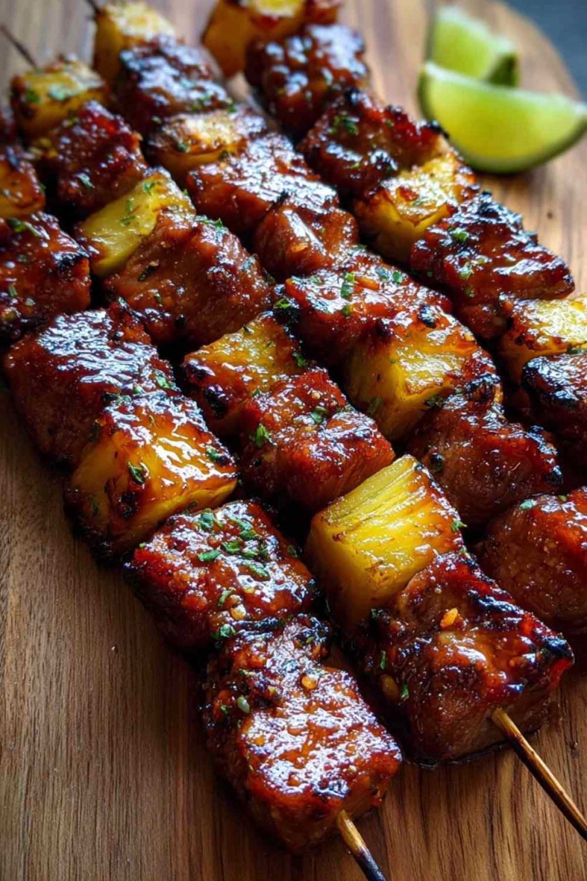 Ananas BBQ Schweinespieße perfekt gegrillt zeigend karamelisierte Ananas und zartes Schweinefleisch auf Spießen