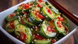 Asiatischer Gurkensalat mit Gurken Chili und Sesamsamen in weißer Schüssel