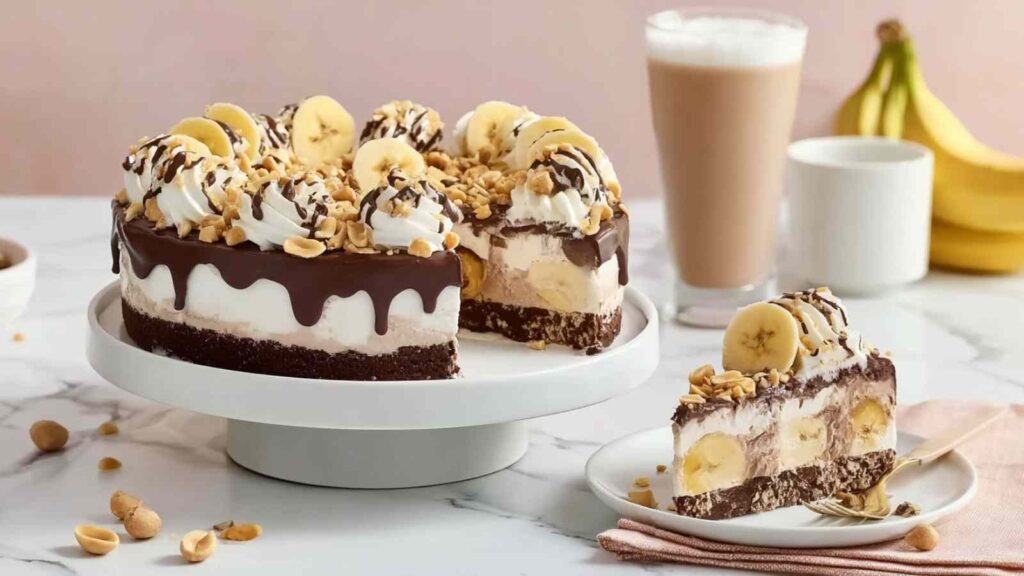 Banana Split Torte auf eleganter Tortenplatte mit Schokoladensoße und Zebra-Röllchen dekoriert