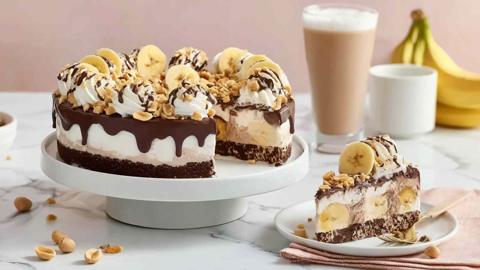 Banana Split Torte auf eleganter Tortenplatte mit Schokoladensoße und Zebra-Röllchen dekoriert