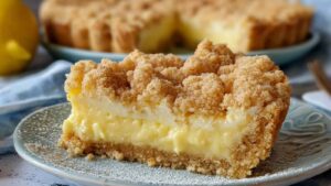 Apfelkuchen mit Pudding und Zimtstreuseln frisch aus dem Ofen mit goldbraunen Streuseln