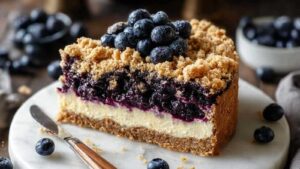 Blaubeer Crumble Käsekuchen Stück auf Tortenheber mit sichtbaren Streuseln und Blaubeeren