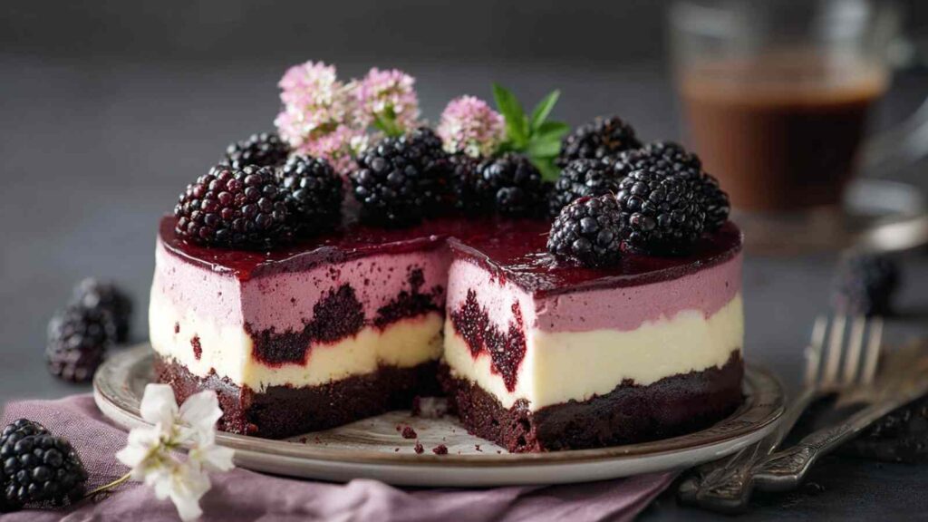 Brombeer-Joghurt-Torte mit frischen Brombeeren garniert auf weißem Kuchenteller