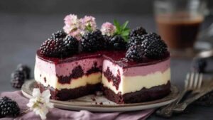 Brombeer-Joghurt-Torte mit frischen Brombeeren garniert auf weißem Kuchenteller