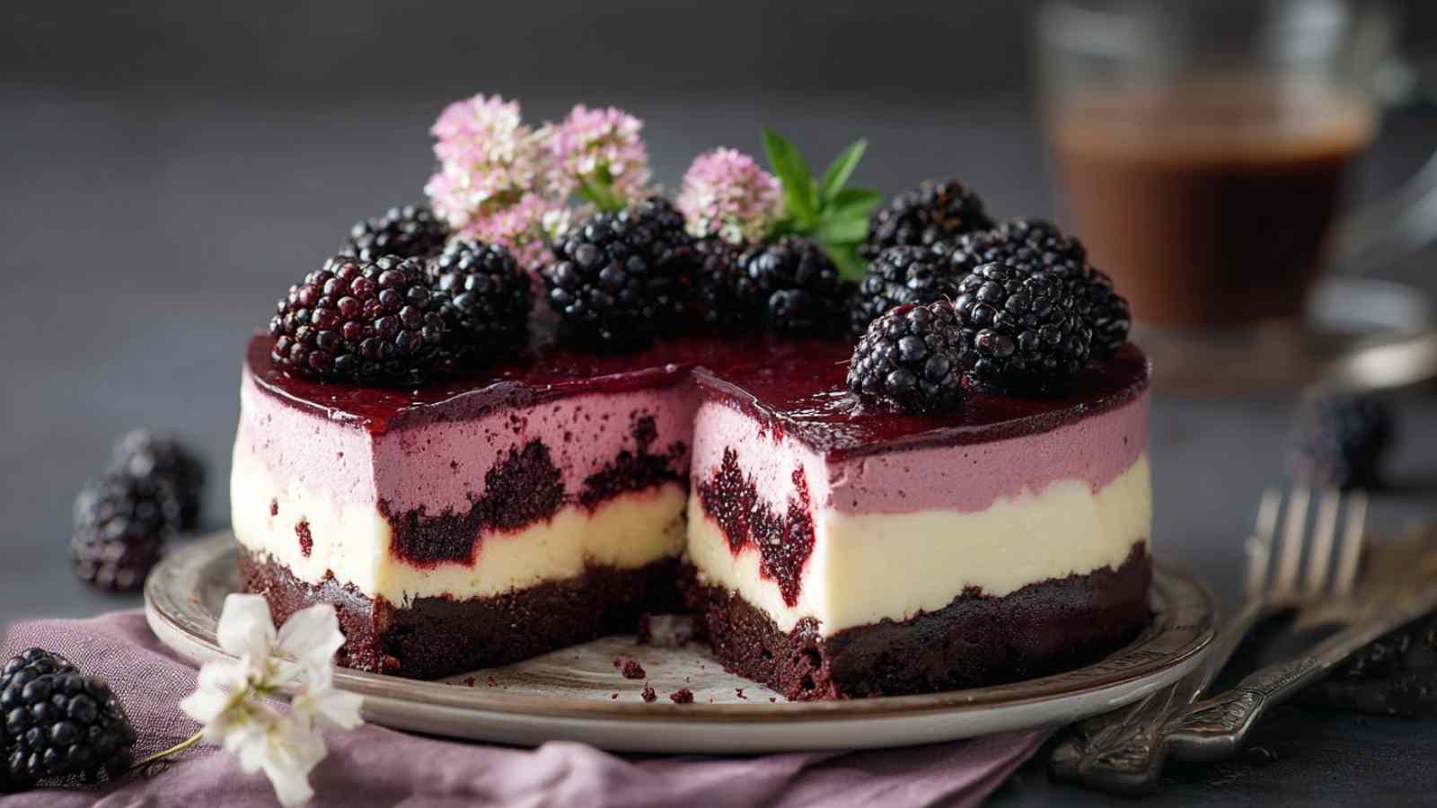 Brombeer-Joghurt-Torte mit frischen Brombeeren garniert auf weißem Kuchenteller