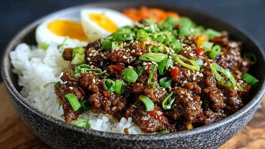 Bulgogi mit Hackfleisch brutzelt in der Pfanne mit Frühlingszwiebeln und Sesam