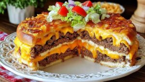 Aufgeschnittene Cheeseburger-Torte zeigt Hackfleisch und Käseschichten zwischen knusprigen Tortillas
