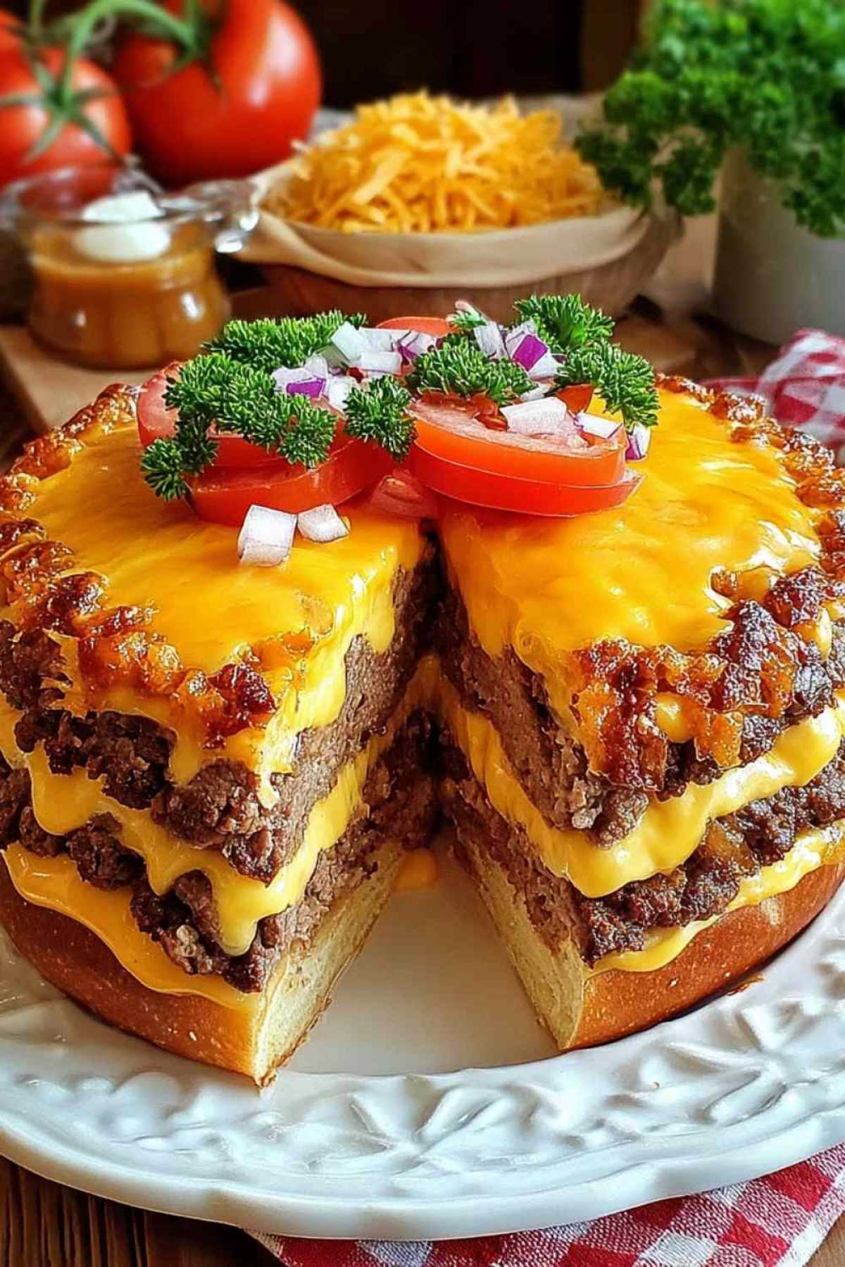 Aufgeschnittene Cheeseburger-Torte zeigt Hackfleisch und Käseschichten zwischen knusprigen Tortillas