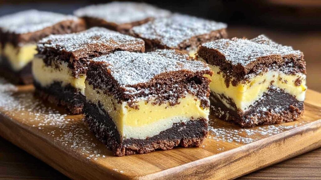 Cheesecake Brownies auf Kühlgitter zeigen goldbraune Oberfläche und perfekte Swirl-Muster