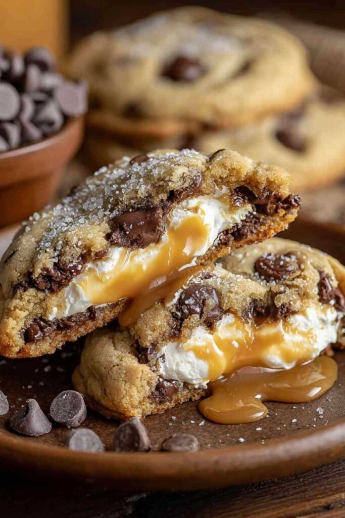 Cheesecake-Filled Chocolate Chip Cookies frisch gebacken auf Kühlgitter mit sichtbaren Schokoladenstückchen