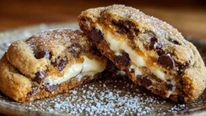 Cheesecake-Filled Chocolate Chip Cookies frisch gebacken auf Kühlgitter mit sichtbaren Schokoladenstückchen