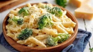 Brokkoli-Käse-Nudeln mit cremiger Käsesauce und frischem Brokkoli auf weißem Teller