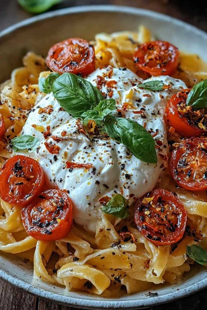 Cremige Burrata-Pasta mit geschmolzenem Käse und frischen Basilikumblättern in rustikaler Schüssel