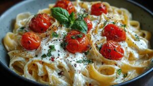 Cremige Burrata-Pasta mit geschmolzenem Käse und frischen Basilikumblättern in rustikaler Schüssel