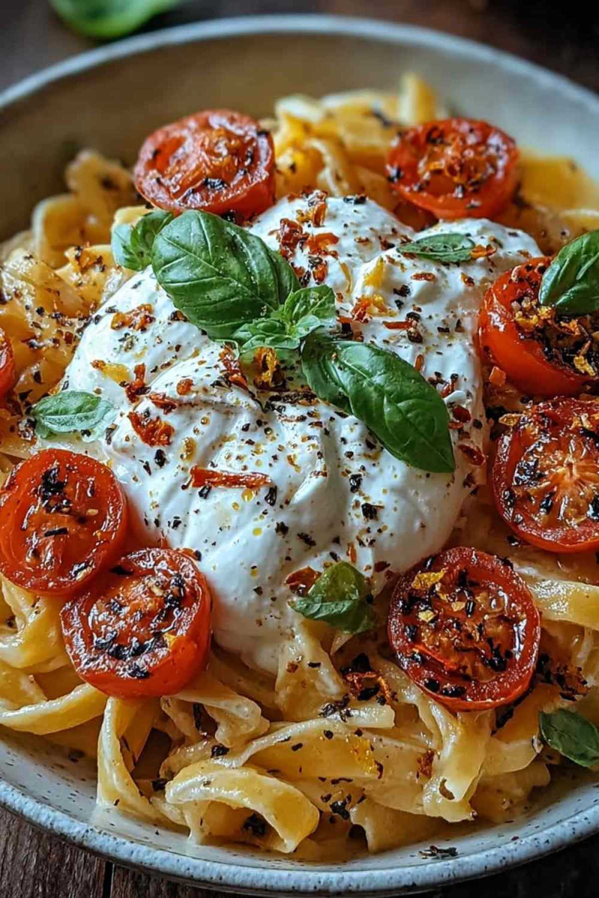 Cremige Burrata-Pasta mit geschmolzenem Käse und frischen Basilikumblättern in rustikaler Schüssel